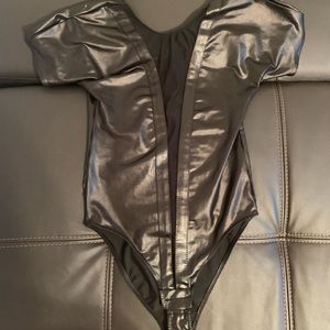 Leather Look Bodysuit with Mesh Detail
